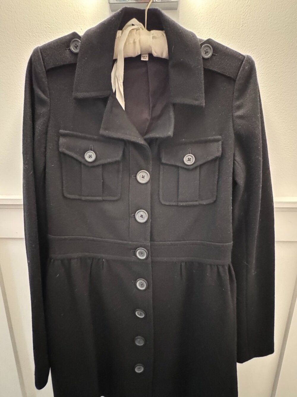 Joie Black Wool Coat, Fit Flare Military Button Front Jacket, Small, Like New - Picture 6 of 10